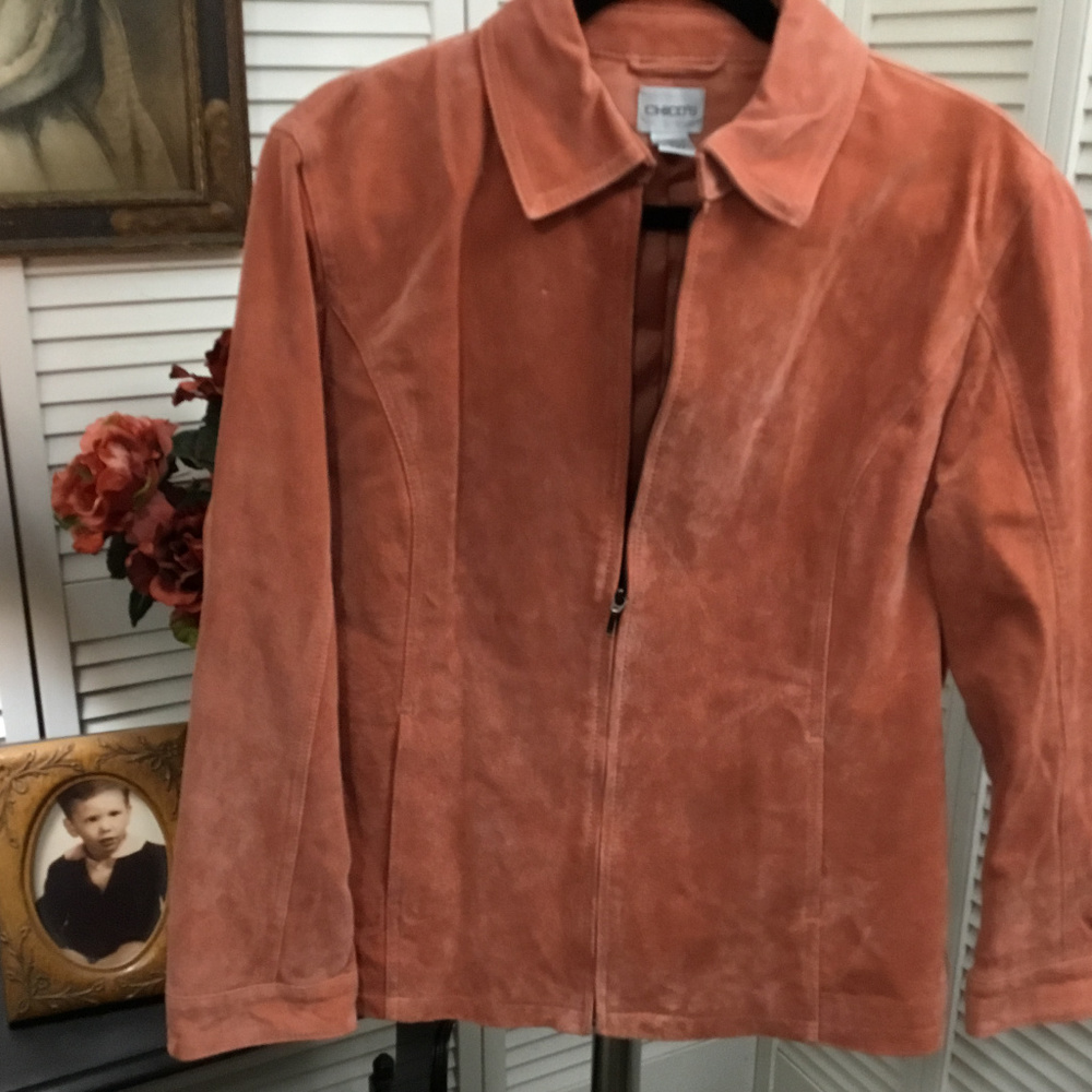 Chico's Tangerine Orange Suede Leather Crop Jacket 12 M